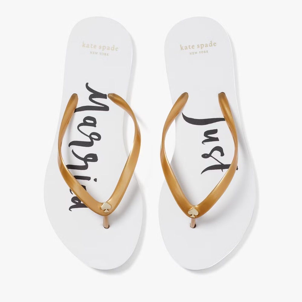 NWOT size 10 WMS Kate Spade White and Gold Sandals “Just Married”